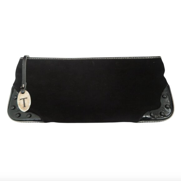 TOD'S black suede & patent leather zip clutch bag with studs